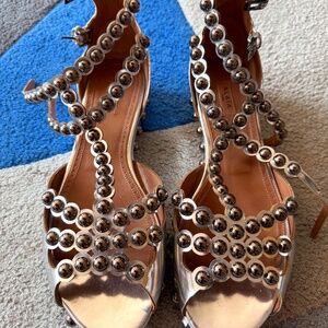Alaïa Silver Mirror Studded Sandals (Size 38) LIKE NEW
